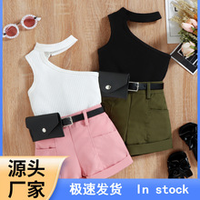 TX童装亚马逊跨境小童夏季无袖露肩坑条上衣卷边短裤潮范女童套装