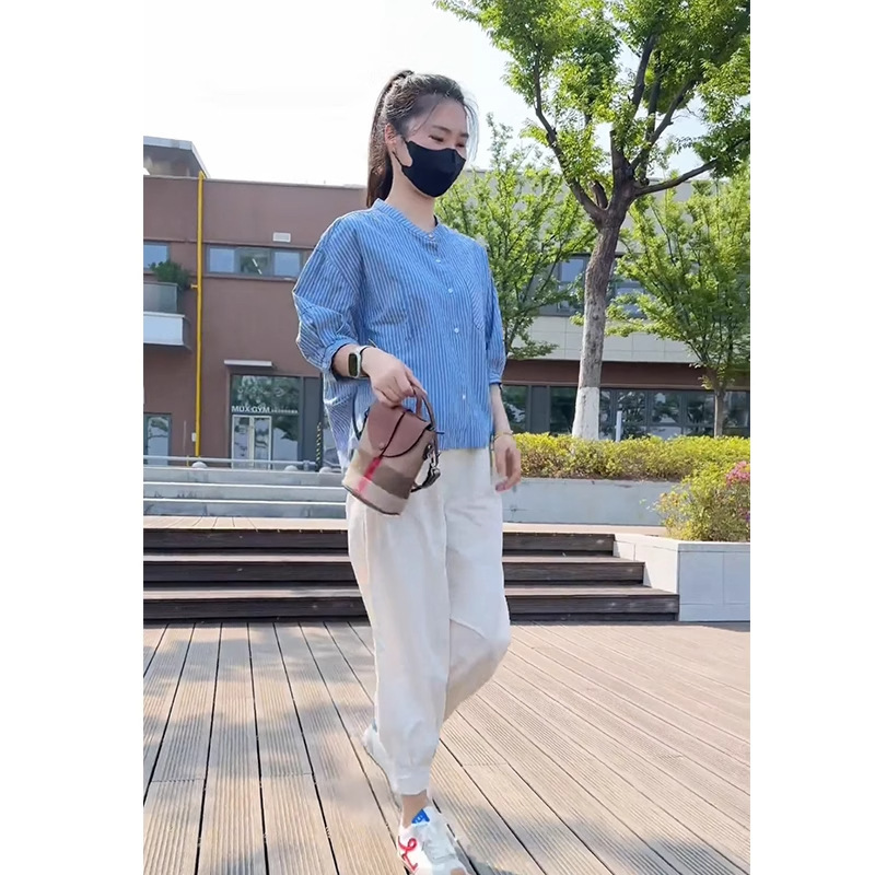 五分袖条纹衬衫女夏季新款宽松休闲简约时尚设计感小个子薄款上衣|undefined
