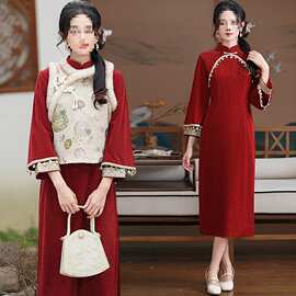 2025年新款复古文艺民风灯芯绒马甲旗袍中式秋冬少女改良连衣裙