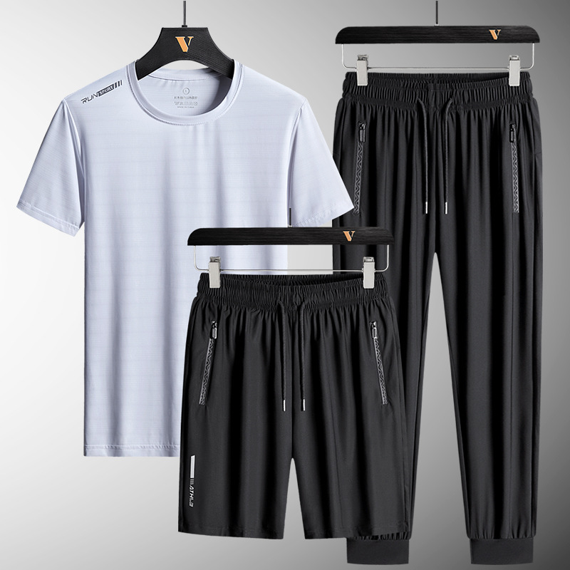 Trajes deportivos casuales para hombres secos rápidos pantalones cortos de mangas cortas pantalones largos para hombres tres piezas de hielo ropa de correr para hombres al por mayor