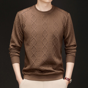 Autumn Popular Men's Heavy Jacquard Long-Sleeved Sweatshirt, Fashionable and Versatile Casual Bottoming Pure Color Round Neck T-Shirt Men's Clothing