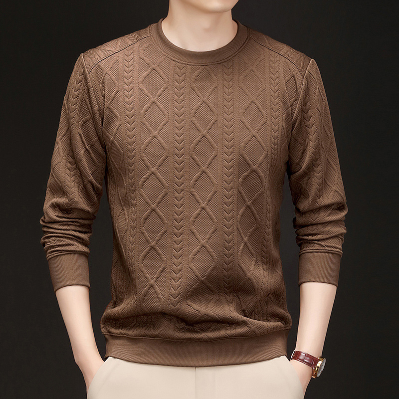 Autumn Popular Men's Heavy Jacquard Long-Sleeved Sweatshirt, Fashionable and Versatile Casual Bottoming Pure Color Round Neck T-Shirt Men's Clothing