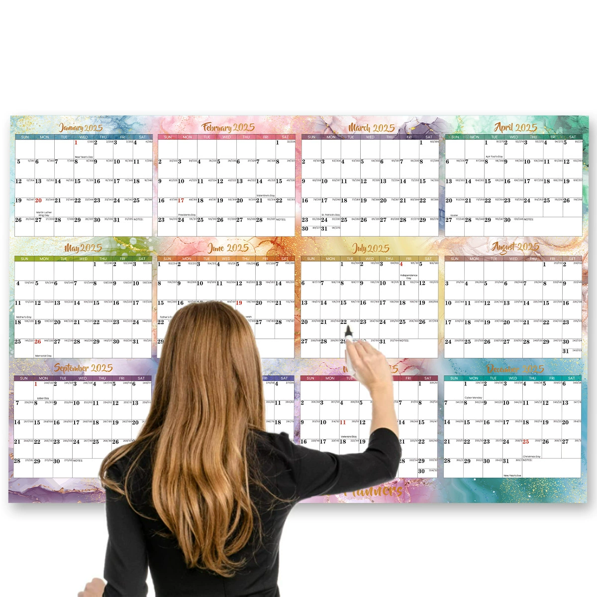 Double-sided erasable wall calendar, 2025 years, 12 month, English