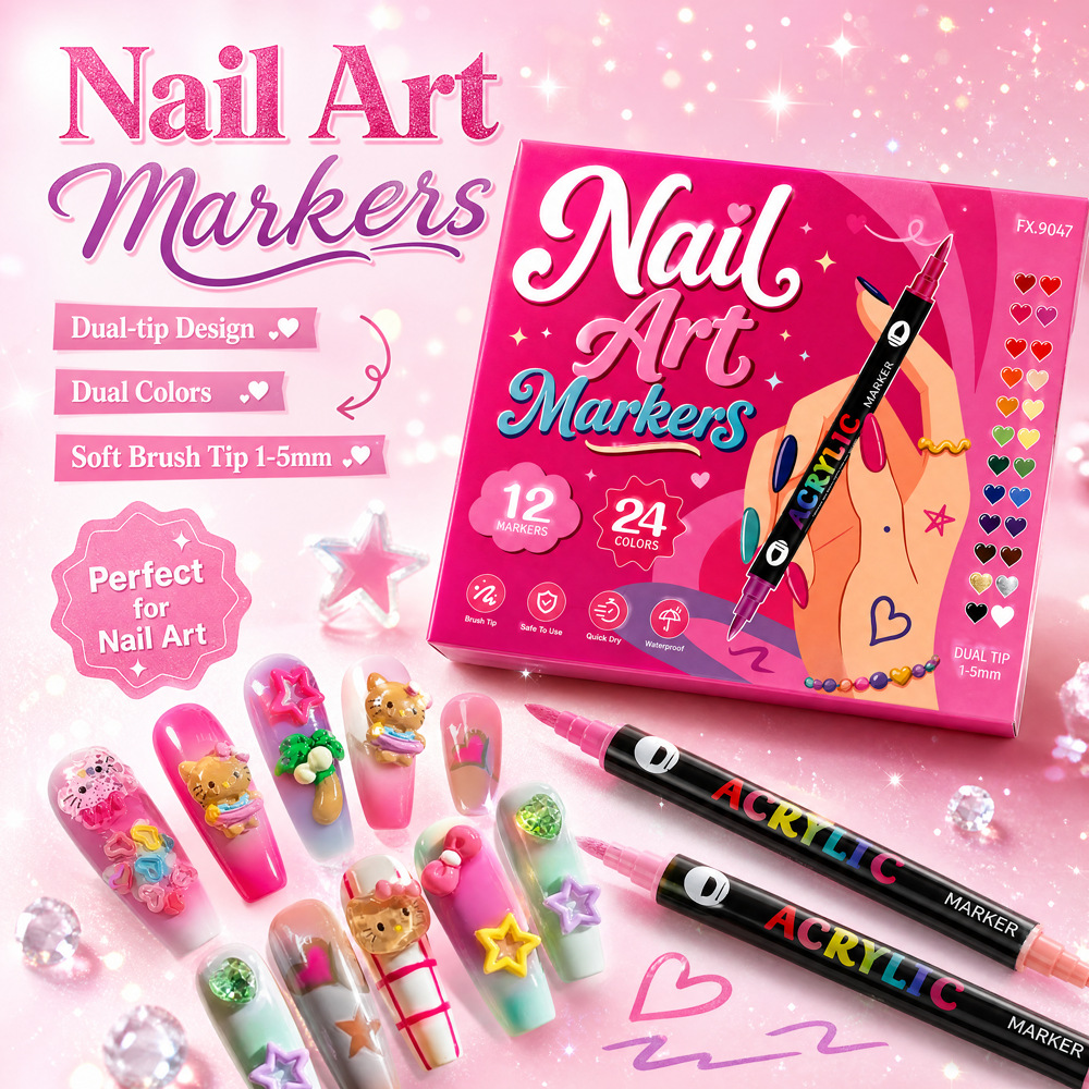 Double-ended dual-color nail art pen 24-color set, quick-drying, waterproof, nail color painting and line drawing pen, can be layered for graffiti