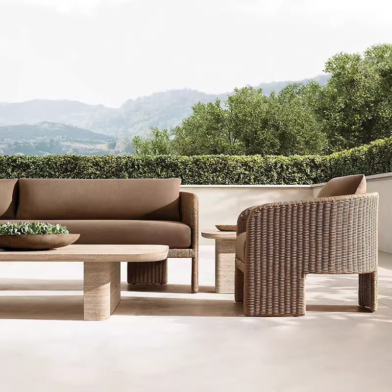 Sofá al aire libre de hotel terraza de aluminio trenzado de caña patio sofá silla de tarjeta de asiento de oficina villa terraza al aire libre sofá