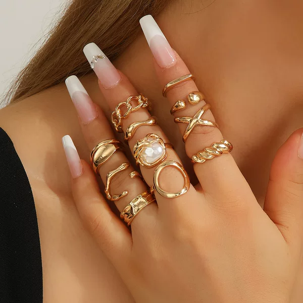 Cross-Border Rings, 12 Pieces, Irregular Shape, Smooth Surface, Pearl, Ins Style, Alloy, Open Adjustable, Stackable, Women's European and American Ring Set