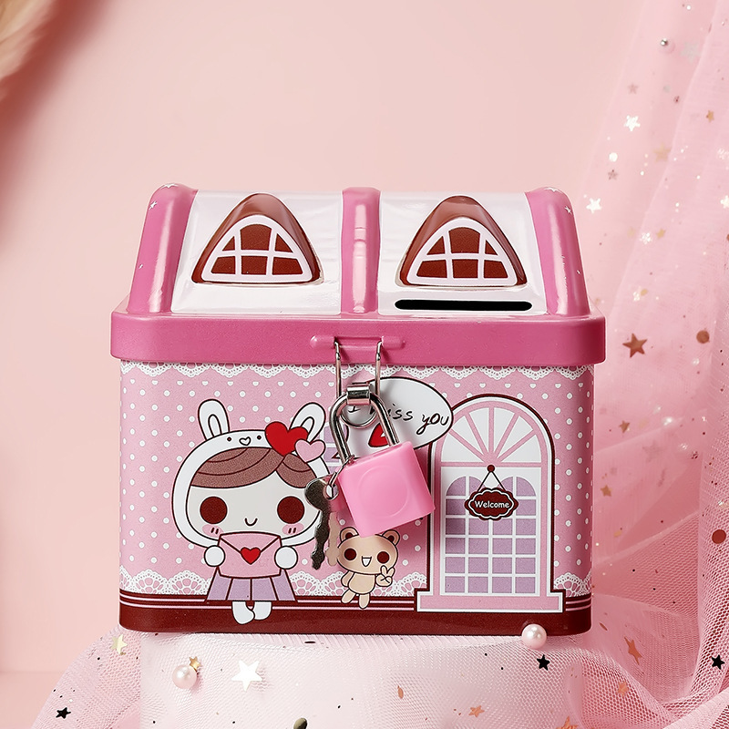 少女心可爱小房子马口铁存钱罐学生儿童带锁收纳盒零钱罐奖品礼物