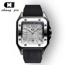 CJ方形潮表硅胶手表进口机芯石英表罗马刻度潮流时尚男表真空电镀