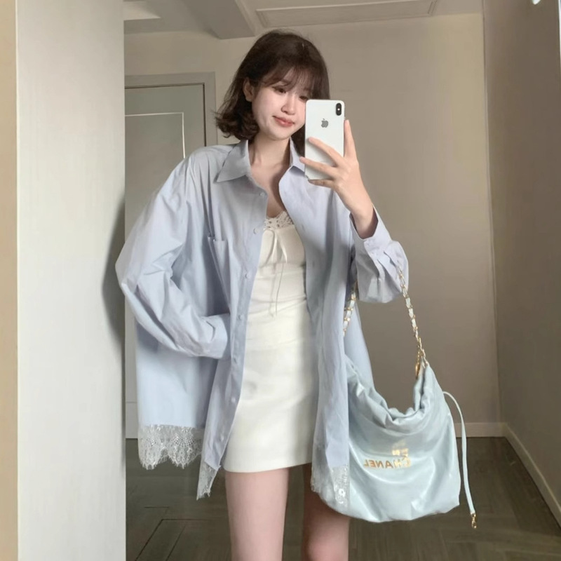 Lace Stitching Loose Long-sleeved Shirt Women's Early Autumn and Spring New Polo Collar Design Vacation Style Coat Top Lace Stitching Loose Long-sleeved Shirt Women's Early Autumn and Spring New Polo Collar Design Vacation Style Coat Top
