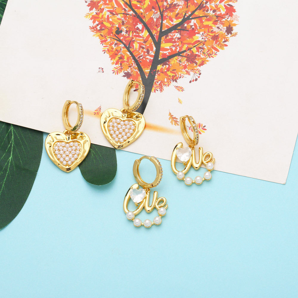 Fashion Heart Shape Copper Inlay Artificial Pearls Zircon Drop Earrings 1 Pair