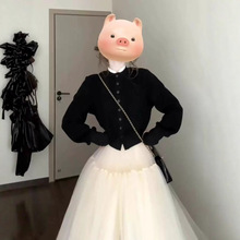 拼接黑色外套设计感圆领开衫上衣配网纱半身裙纱裙a字蓬蓬裙套装