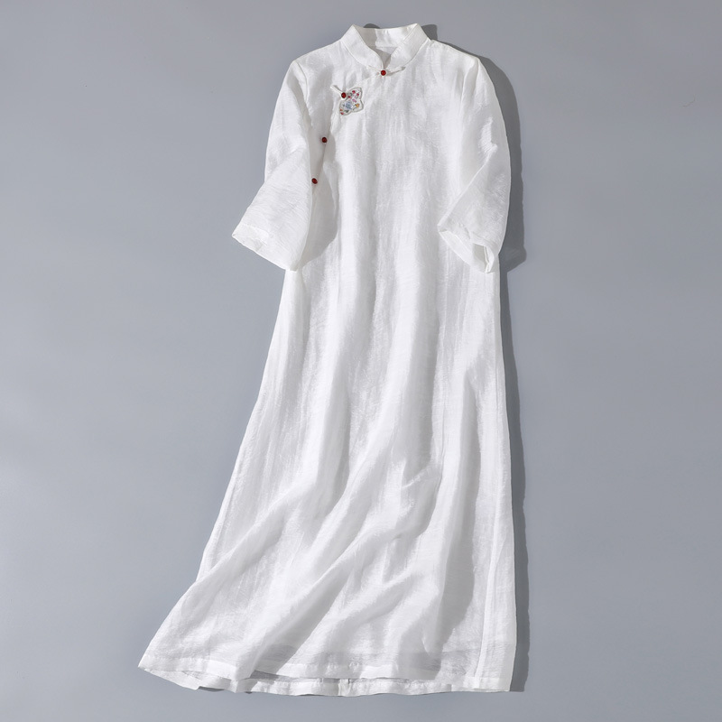 Chancha Fu Spring New Vintage Vertical Collar Embroidered Tiansi Hemp Cropped Sleeve Mid-Length Jumpsuit Zen Tea Suit