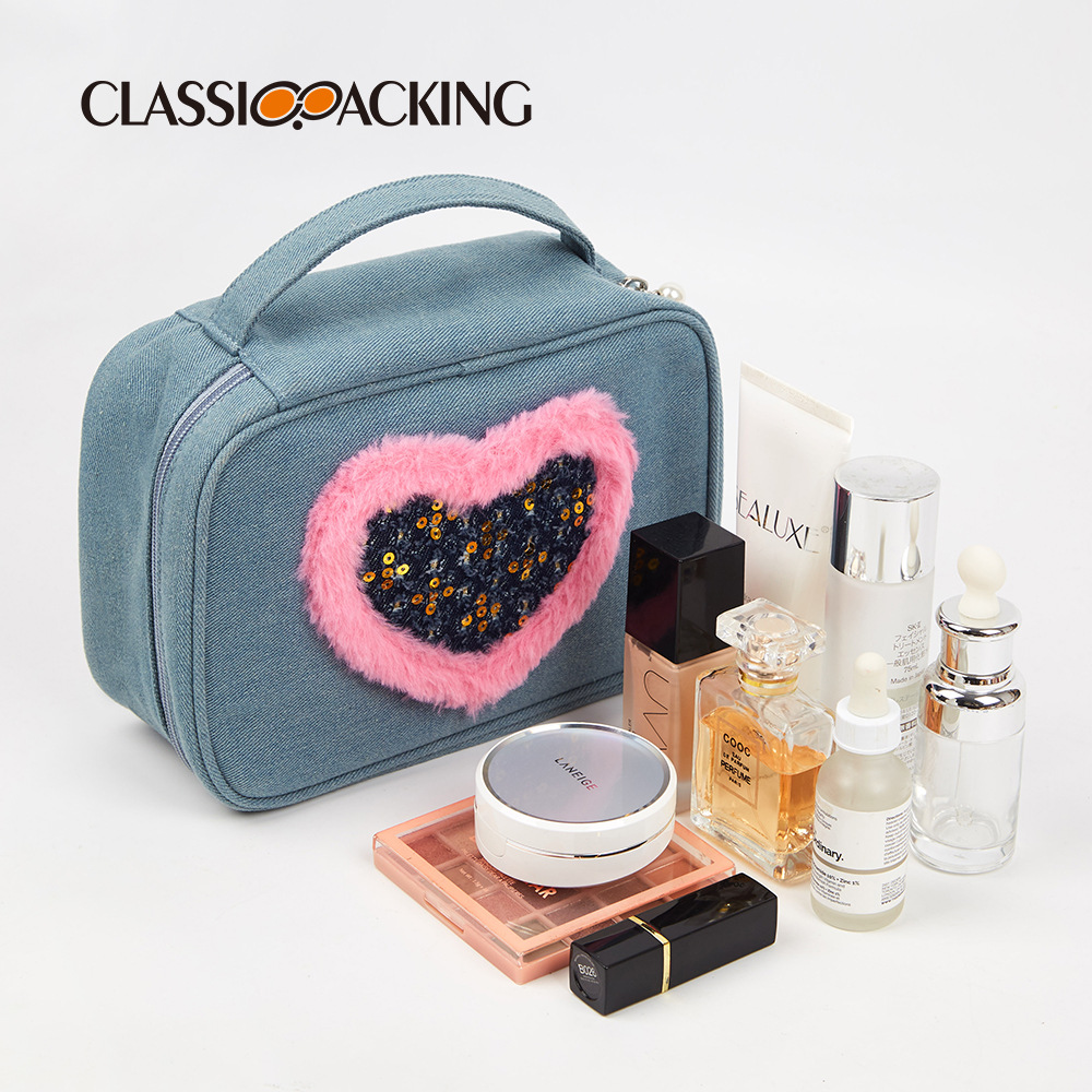 Bolsa de lavado diseñada por el fabricante, material de mezclilla de gran capacidad, bolsa de cosméticos portátil de viaje impermeable, se puede imprimir con logotipo