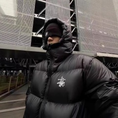 外贸跨境美式白鸭绒连帽羽绒服纯色蓬松经典保暖百搭拉链短款情侣