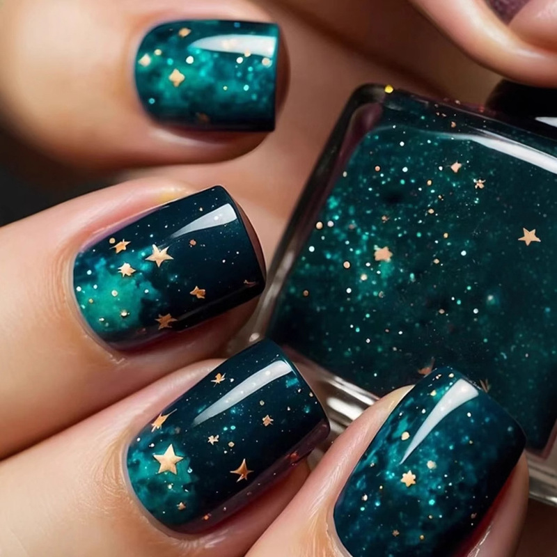 European and American bright face starry sky galaxy French wearing armor green vignette gold star nail art false nail square nail