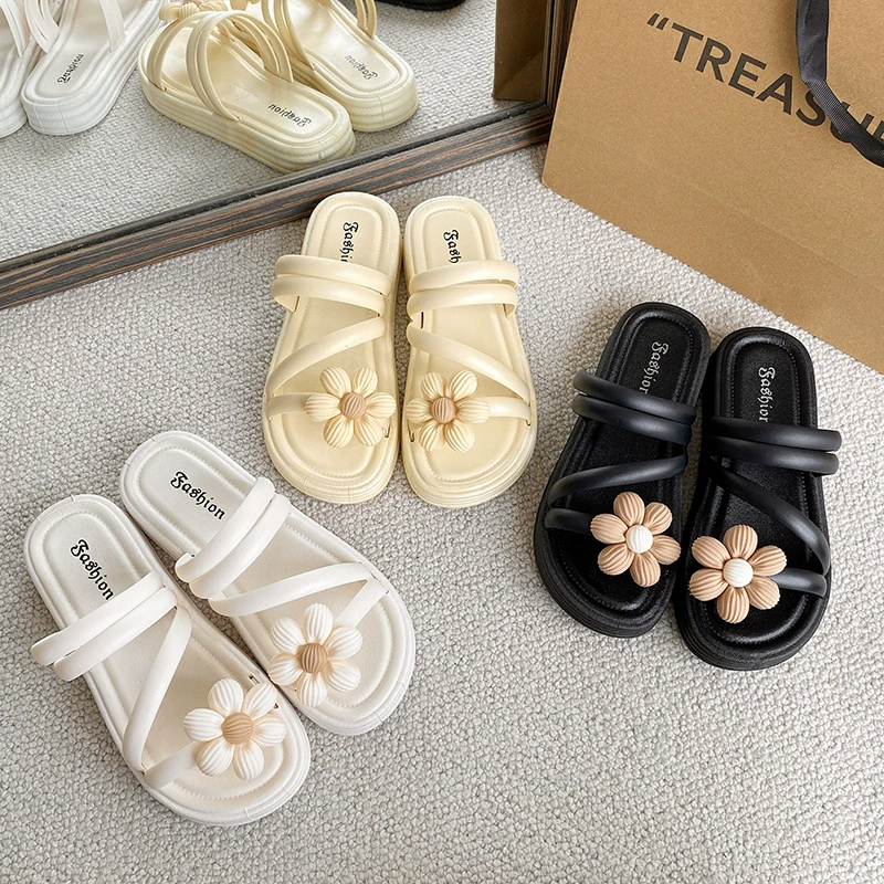 Популярные в Интернете Популярные цветочные тапочки, женские нескользящие модные сказочные туфли на платформе, пляжная обувь на плоской подошве, новые летние сандалии
