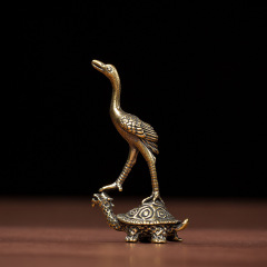Antique-style solid brass creative crane decorative piece, turtle and frog tea pet handle, micro-carved antique copper artifact craft