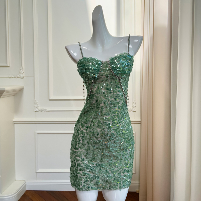 Fashionable New Style Light Luxury Sequined Diamond Shoulder Strap Dress A-Line Short Dress 68307+ 68416