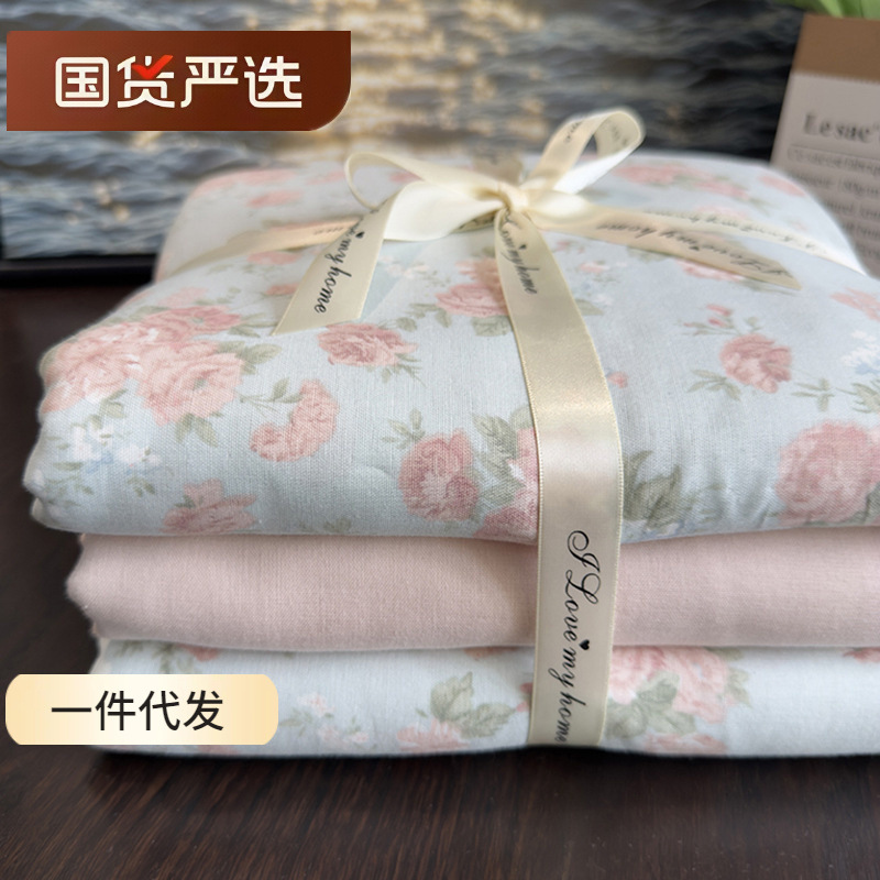 全棉印花双层纱四件套纯棉床单被套三件套双人床品套件ins风田园