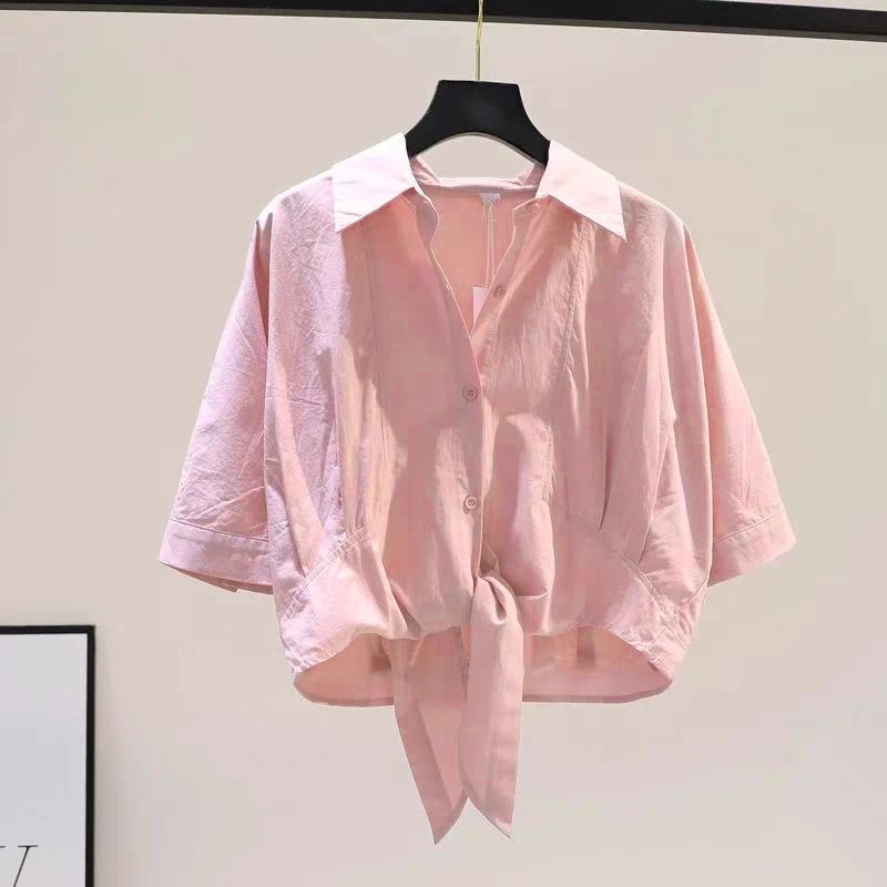 Pink Short Shirt for Women with Tie at the Hem, Loose-Fitting Shirt with Summer Design, Versatile Short-Sleeved Top Pink Short Shirt for Women with Tie at the Hem, Loose-Fitting Shirt with Summer Design, Versatile Short-Sleeved Top
