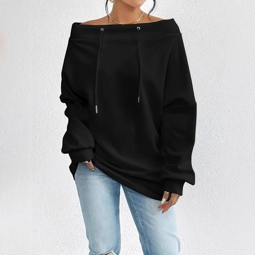 Women's Sexy Off-the-Shoulder Drawstring One-Shoulder Loose Fit Hoodie for Autumn/Winter European and American Fashion