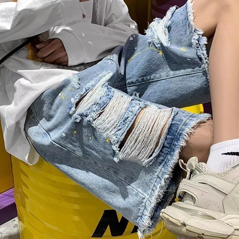 Ripped Tie-Dye Denim Shorts for Men, Summer Style, Washed, Loose Fit, American Street Fashion, Frayed Hem, Knee-Length Shorts Ripped Tie-Dye Denim Shorts for Men, Summer Style, Washed, Loose Fit, American Street Fashion, Frayed Hem, Knee-Length Shorts