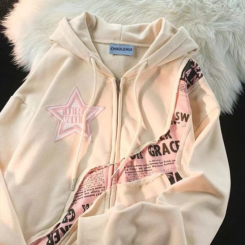 Escape from the Earth American-style Star Letter Printed Patchwork Cardigan Sweater Women's Fashion Brand Sweet Cool Loose Coat