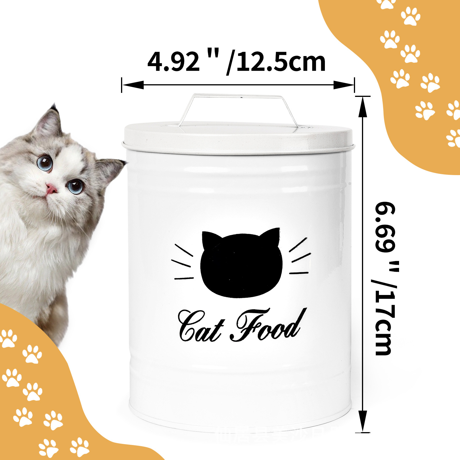 Nueva lata redonda a prueba de humedad de estilo americano, cubo de almacenamiento de comida para perros y gatos de hojalata, cubo de almacenamiento de bocadillos para mascotas, portátil con tapa