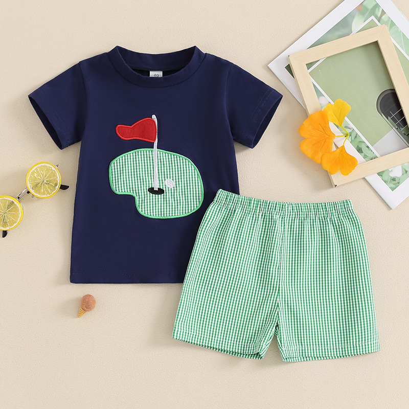 Cross-border Boys' Summer suit Children's Golf Embroidered Short-sleeved T-shirt Plaid Shorts Two-piece Set