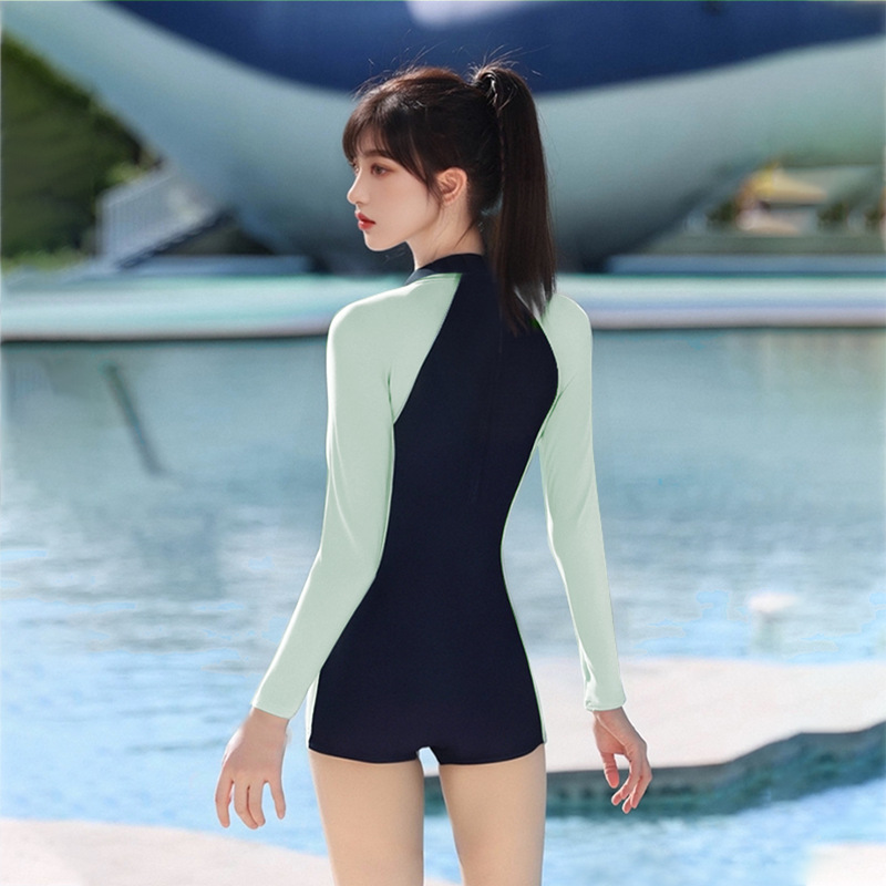 Traje de baño para mujer, protector solar de manga larga conservador, delgado, protector solar, carne, bóxer de una pieza, traje de baño especial para piscina deportiva y de ocio