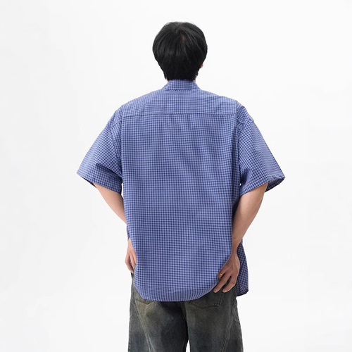 Japanese Retro Blue Grid Short-Sleeve Shirt for Men and Women, Summer City Boy Versatile Top, Loose Couple T-Shirt Jacket