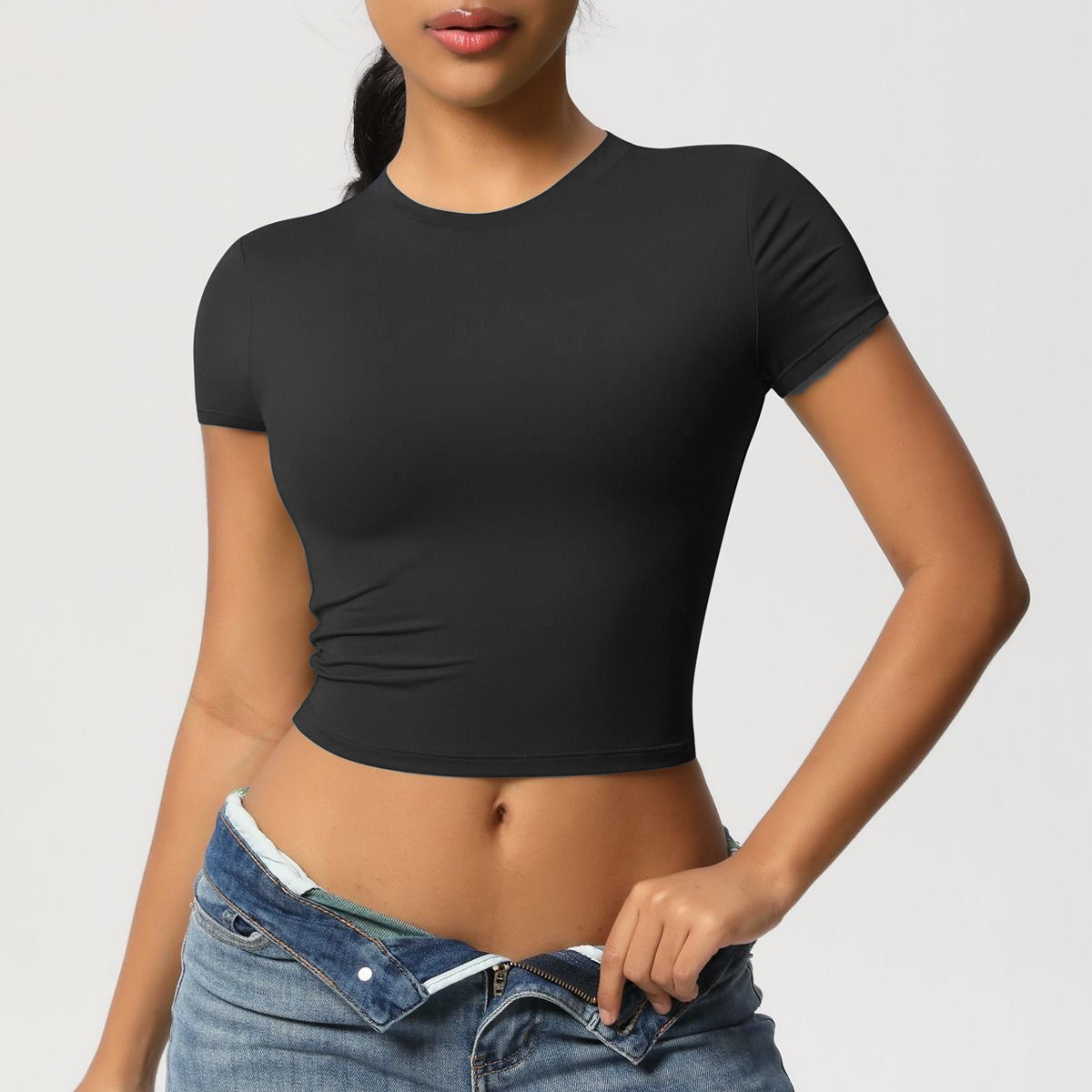 Comercio exterior Europa y América camiseta de mangas cortas mujeres 2026 verano nuevo tamaño grande Crop Top corto chaqueta caliente