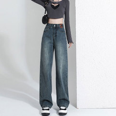 レトロなレトロなジーンズの女性の春の革のブランドのデザイン感のchi風の韓国系のゆったりした腰のまっすぐな筒はズボンを引きずります。