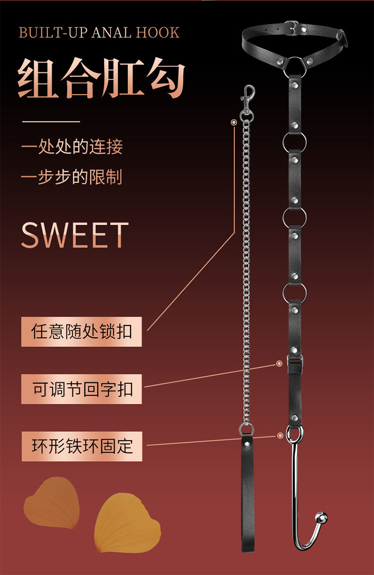 SM Anal Hook with Collar and Back Traction, Leather and Stainless Steel Adult Couples Toy — detail image 2
