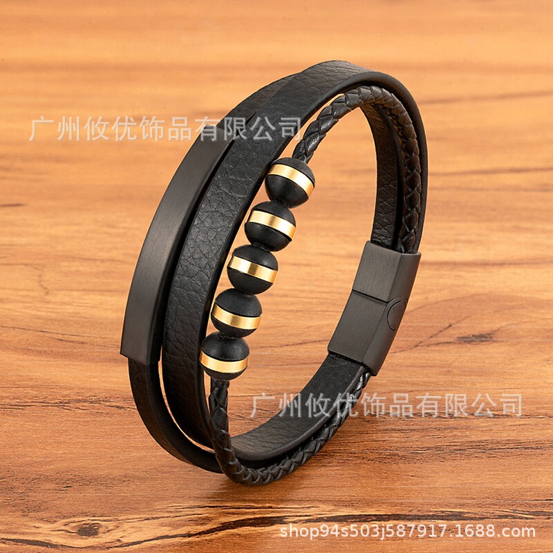 2025 New Genuine Leather Bracelet Men's Stainless Steel Gold Black Plated Magnetic Buckle Steel Ball Bend Engraving Leather Bracelet