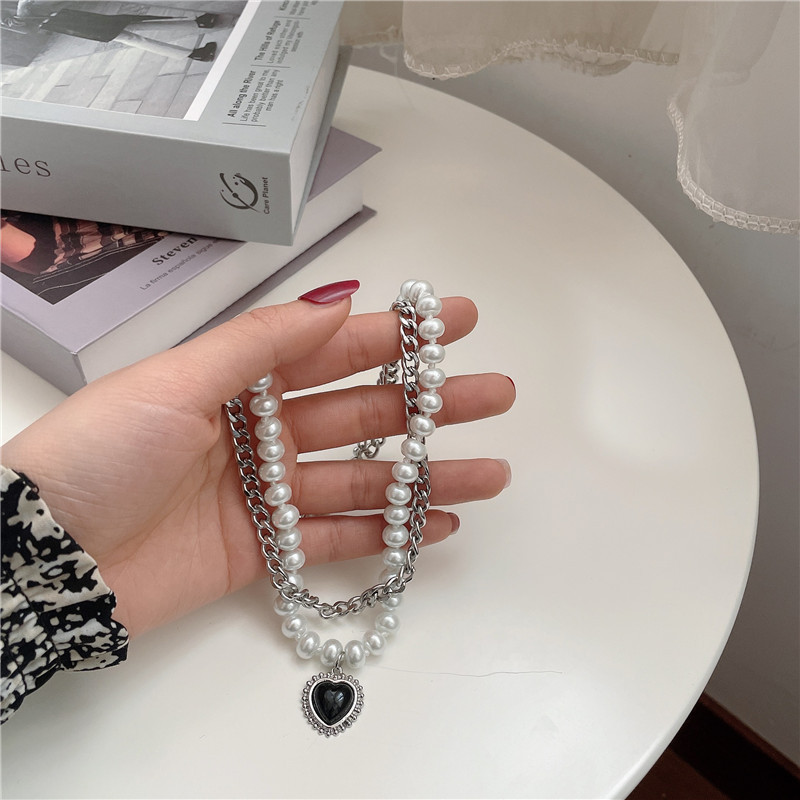 fashion new style Double Titanium Steel Pearl Necklace