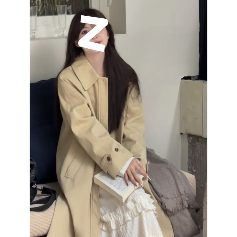 Minimalist Girl Korean Style Lapel Trench Women Autumn Winter New Khaki High-End Oversized Mid-Length Elegant Coat_voghion.com