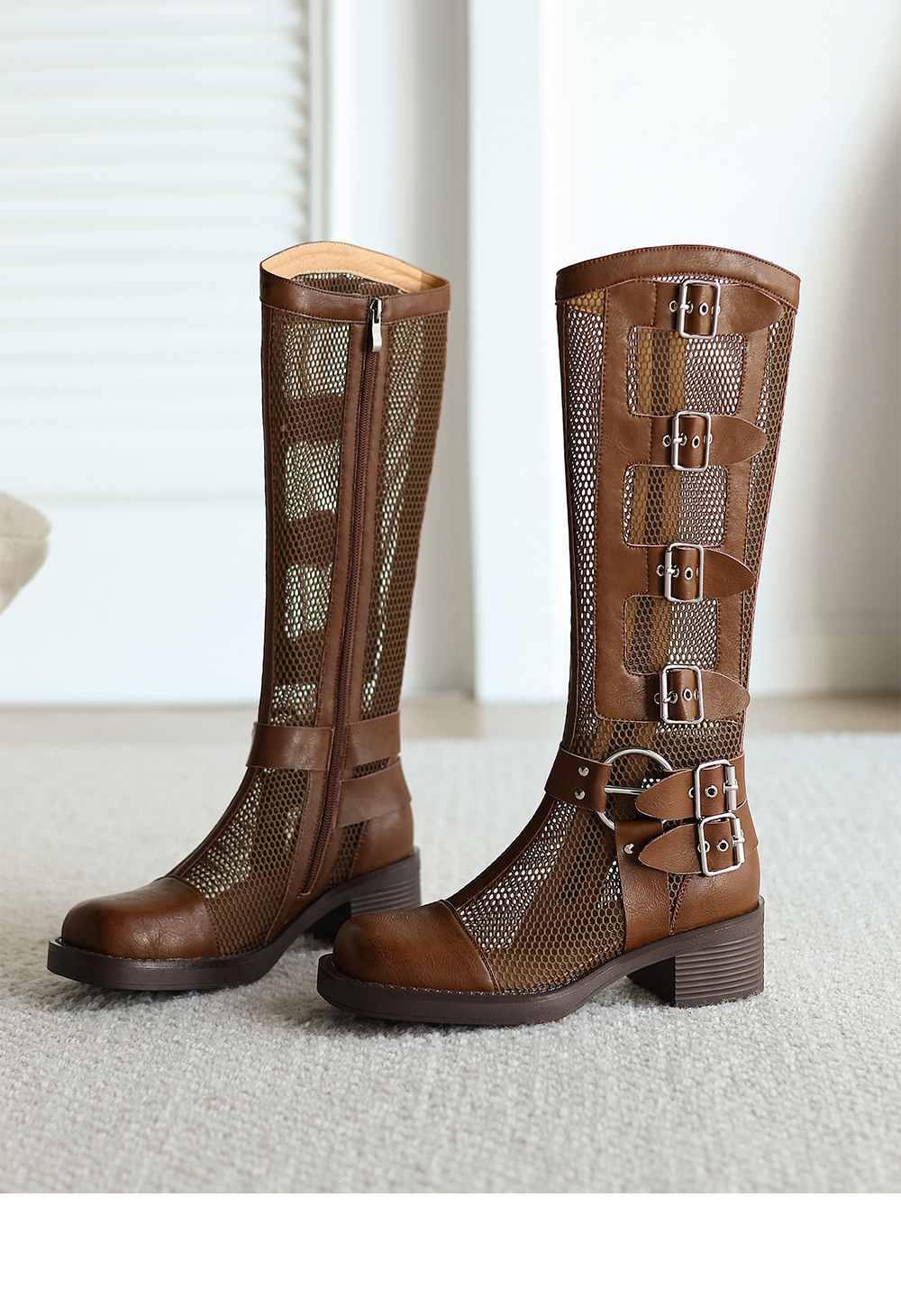 Boot nữ cổ cao lưới hở mũi gót vuông da thật khóa dây — màu nâu, màu đen, màu trắng ngà chi tiết 20