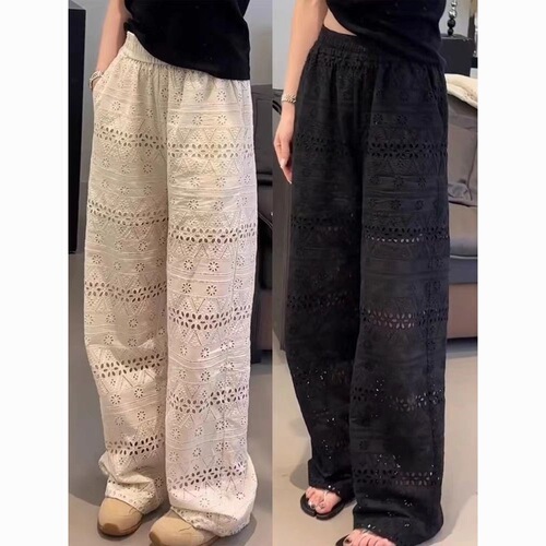 Cotton large-size women's clothing summer thin lace hollowed-out loose wide-leg pants, high-waist slimming straight casual pants.
