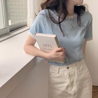 夏新款螺纹短袖T恤女纯色拼接弹力修身韩版学生坑条上衣打底衫潮
