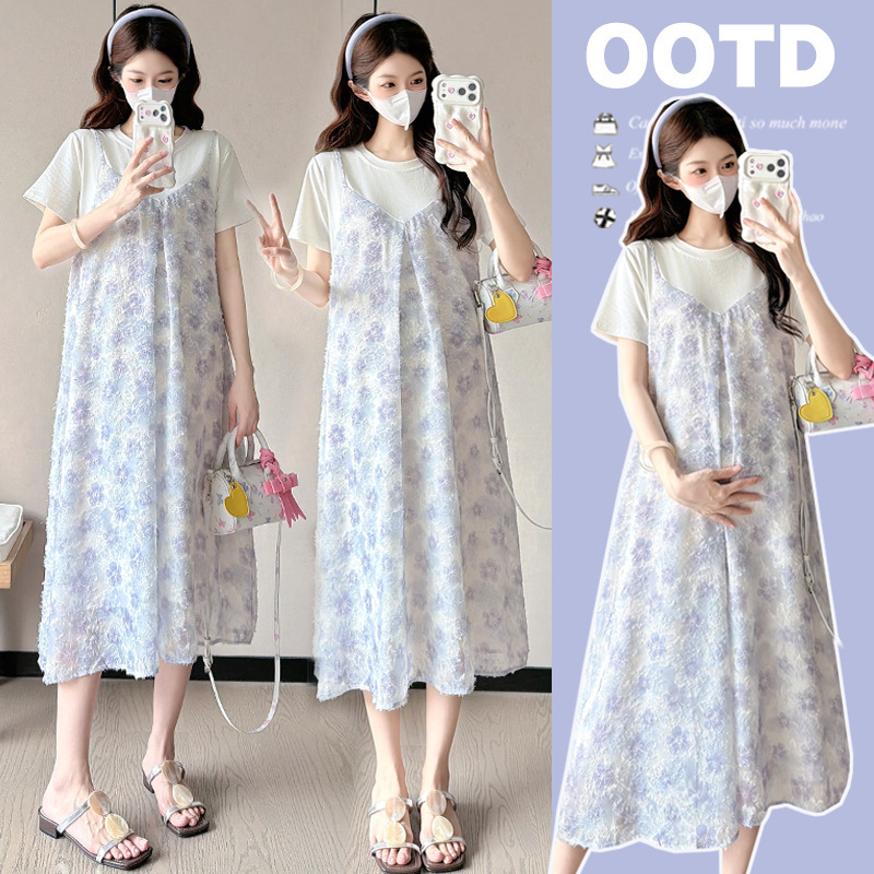 Maternity Wear Summer Dress 2026 New Summer Fashion Stylish Loose High-Quality Faux Two-Piece Slimming Maternity Dress