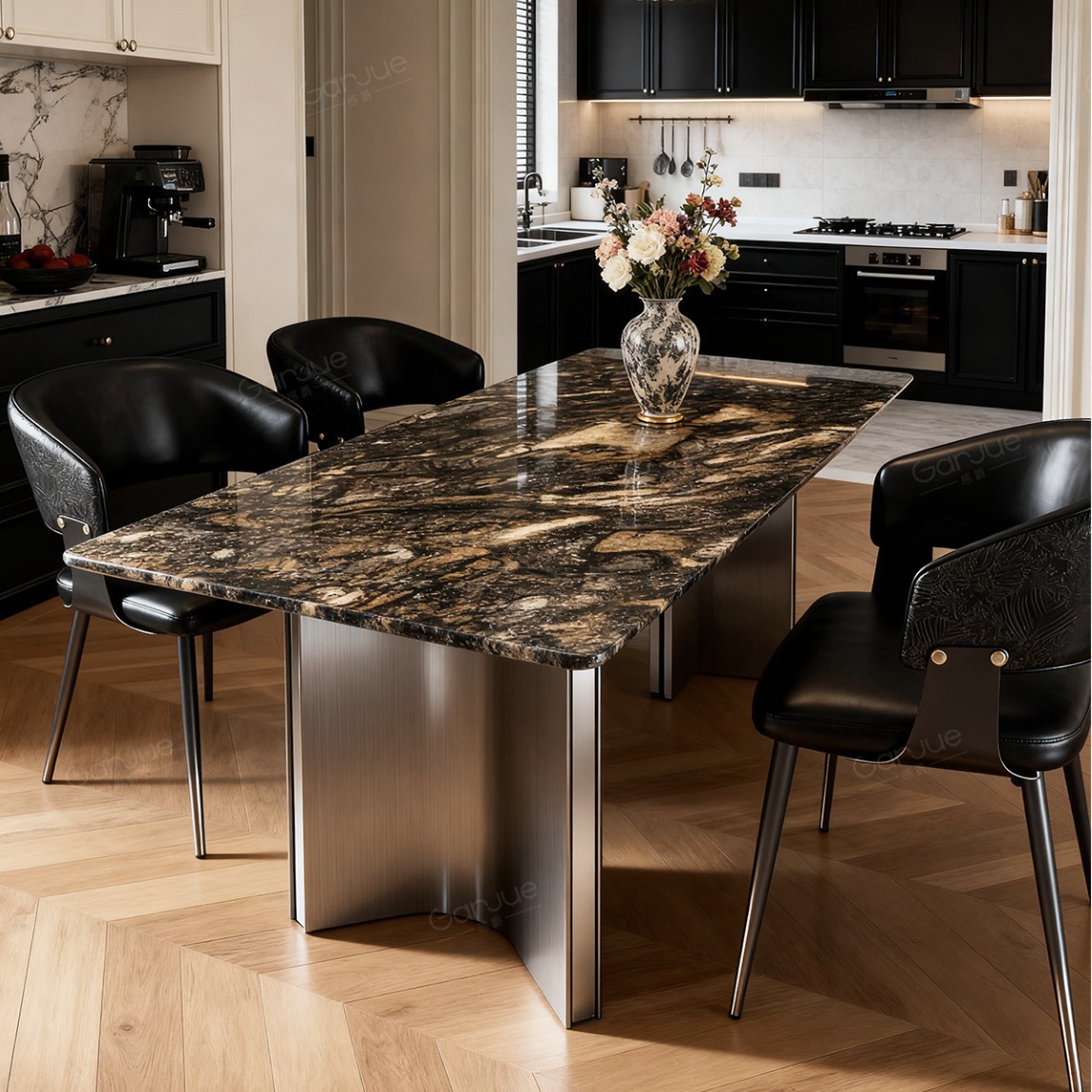 Italian-Style Dazzling Galaxy Natural Luxury Stone Rectangular Dining Table with a Turntable for Home Use, High-End Villa Dining Table, 12 Models