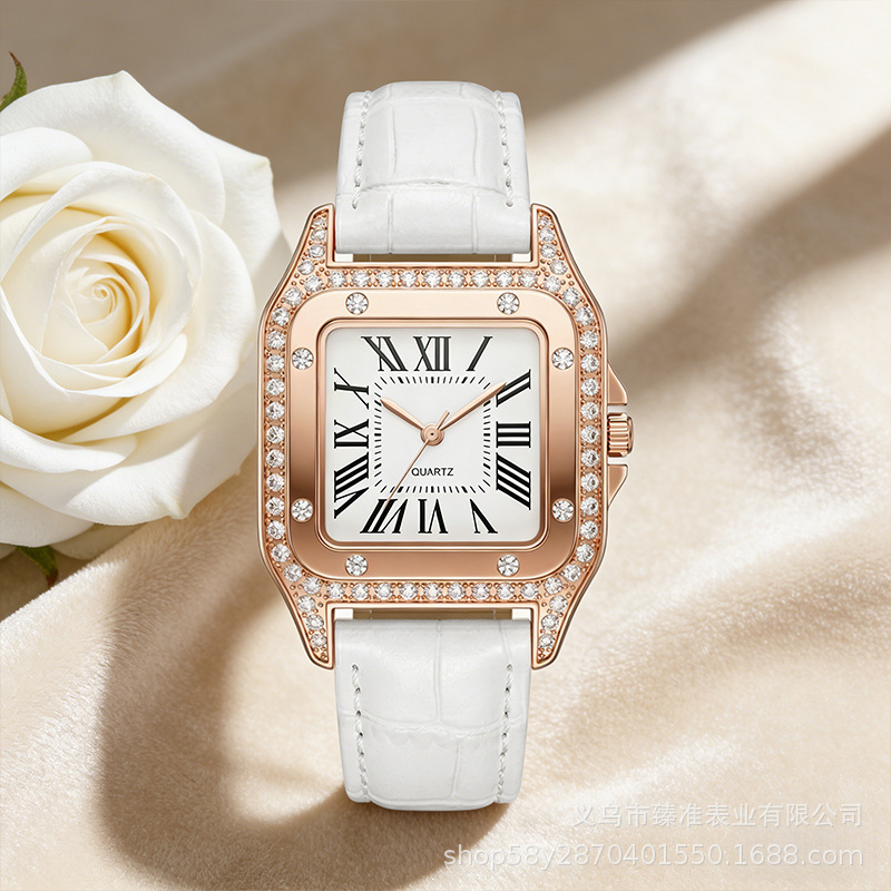 Square diamond strap gift women's watch, TikTok influencer style, ladies' casual Roman numeral diamond-embellished square quartz watch in stock Square diamond strap gift women's watch, TikTok influencer style, ladies' casual Roman numeral diamond-embellished square quartz watch in stock