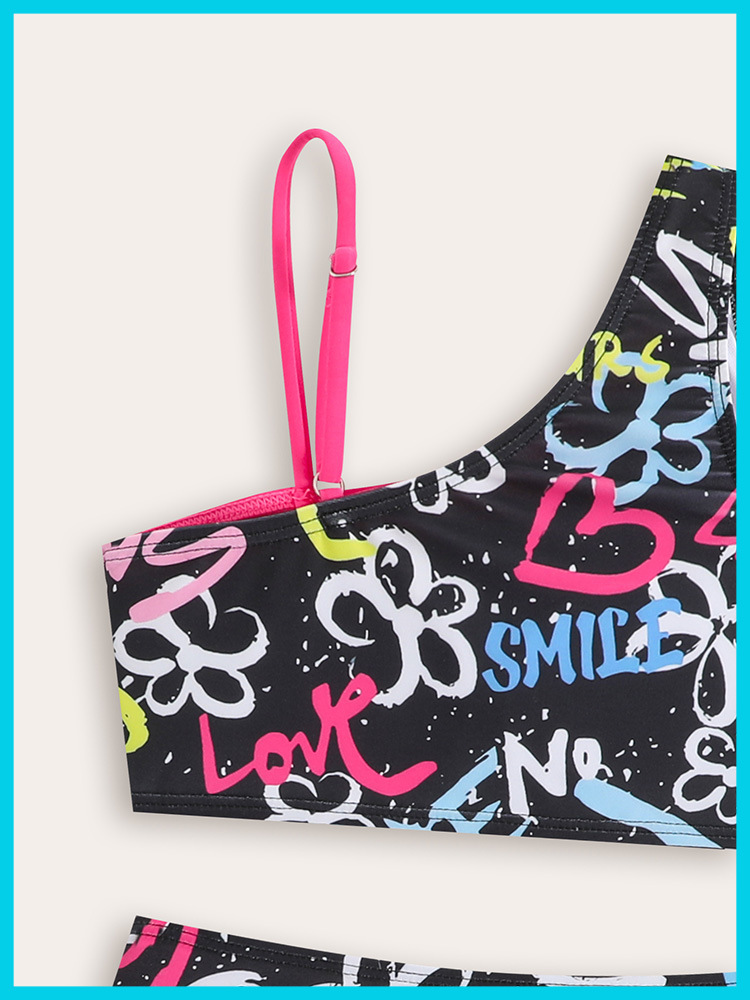 Bikini de dos piezas para niña con estampado grafiti para playa_voghion.com