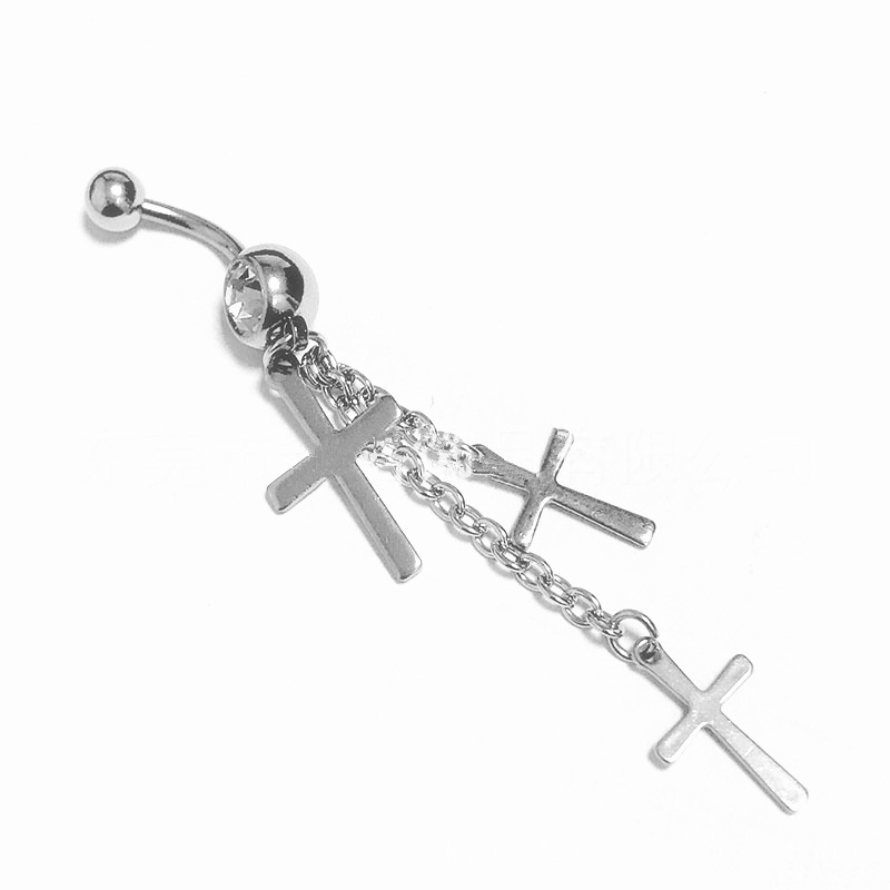 Piercing nombril avec trois croix et chaîne à pompons en acier_voghion.com