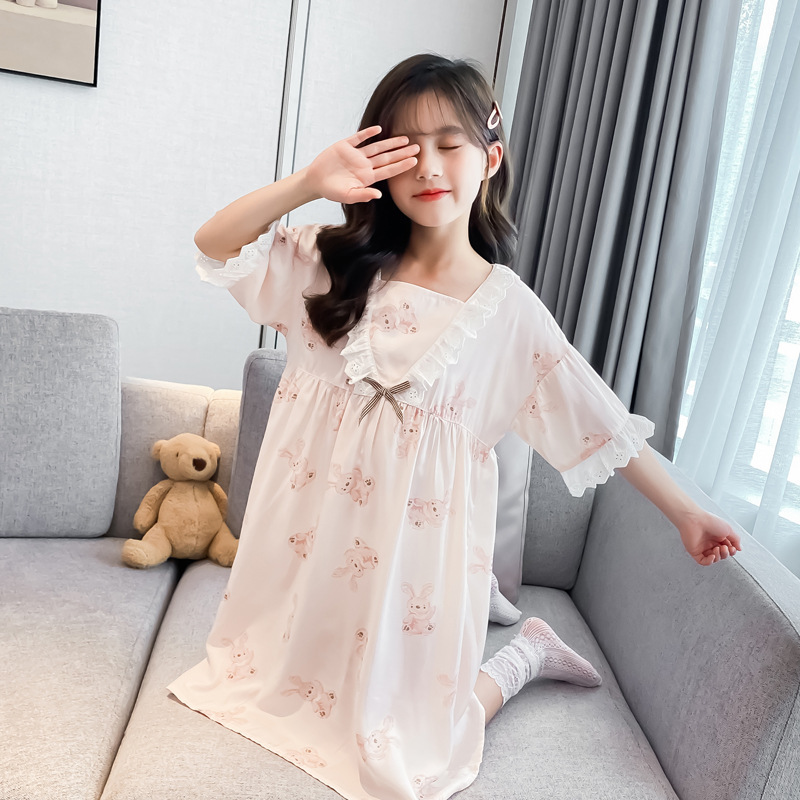 中大童甜美花邊睡裙粉兔兔卡通裙子2024年夏季新款女童冰絲棉睡裙