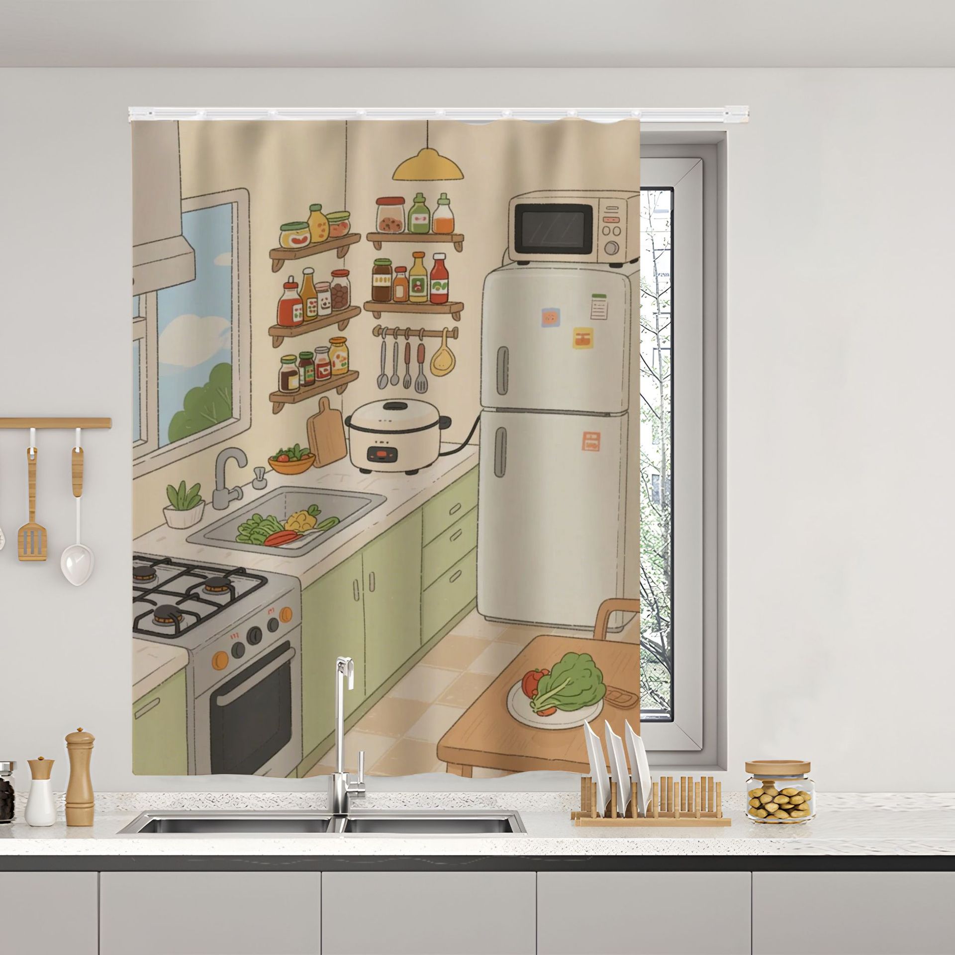 Kitchen Curtains for Blocking Light, No-Drill Installation, Waterproof and Oil-Proof, Special Curtains for Bathrooms and Small Windows