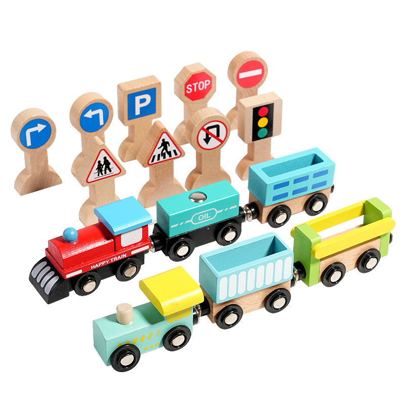 Coche de simulación de madera, tren de empuje de mano inercial, polea de juguete de madera para niños, letrero de la calle, pista de tren pequeño image 6