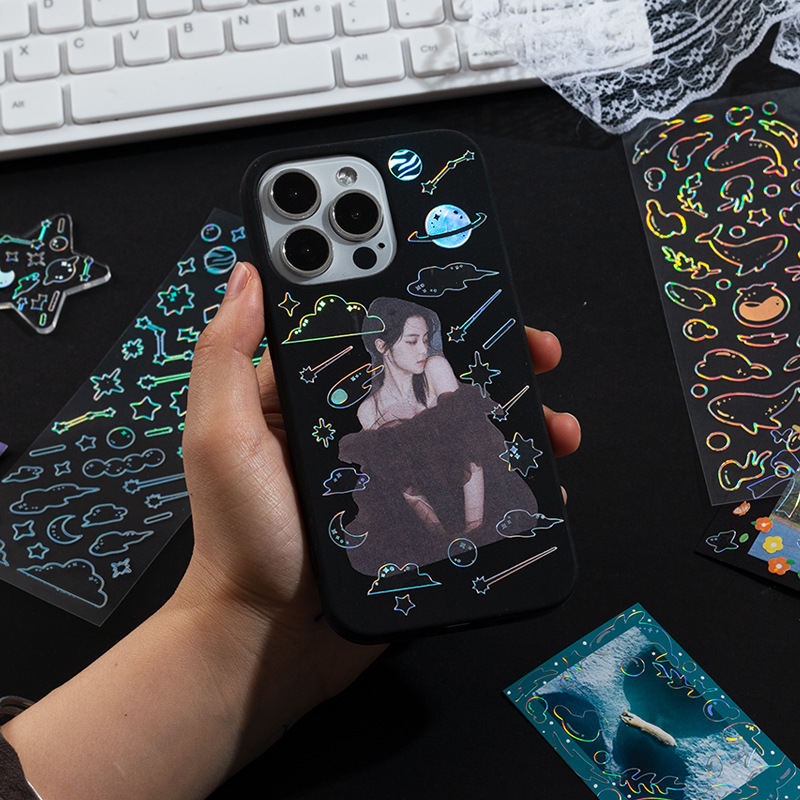 Corea del Sur colorido láser Borde de plata mariposa gato estrella línea pegatinas decorativas DIY mano cuenta Goo tarjeta materiales decorativos