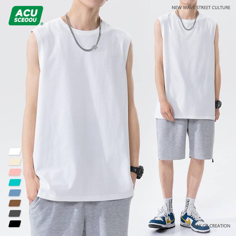 Ropa de hombre ACU | Chaleco de hombre de algodón puro marca de moda sin mangas camiseta de color sólido 2025 verano suelto top de fondo de todo fósforo
